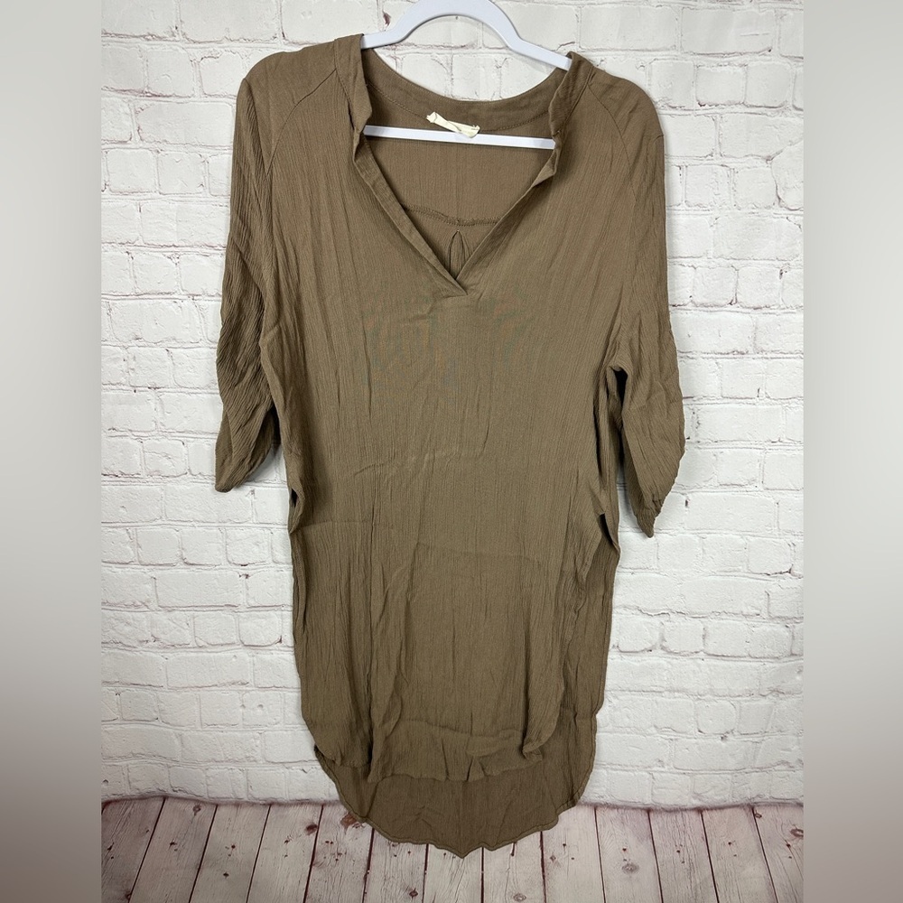 Entro brown GAUZY crinkled fabric side slits hi low tunic blouse coverup sz S